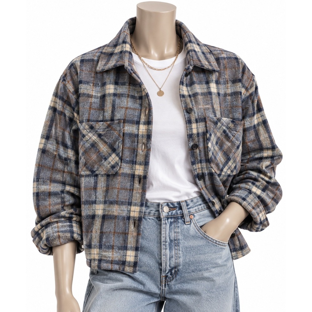 Handmade Blue Plaid Flannel Button Down Shirt Shacket Women Medium